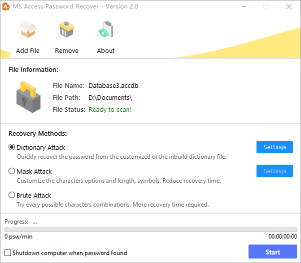 Recover the ACCDB file password using MS Access Password Recovery